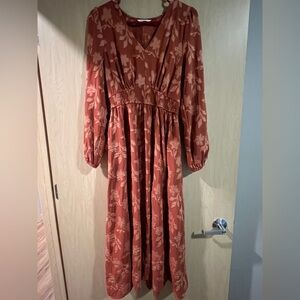 Rust Floral Long Sleeve Maxi Dress